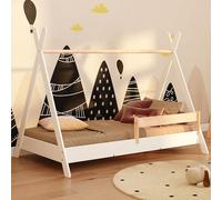 smartwood Lit Cabane Enfants 90x190 cm avec Sommier, en Bois, Blanc, TIPI | Lit Montessori, barrière de sécurité, charge jusqu'à 230 kg, bois certifié FSC, bords arrondis, montage facile