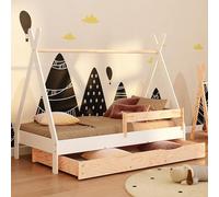 smartwood Lit Cabane Enfants 90x190 cm avec Tiroir, en Bois, Blanc, TIPI D | Lit Montessori, barrière de sécurité, rangement, sommier à lattes 230 kg, bois certifié FSC, bords arrondis, montage facile