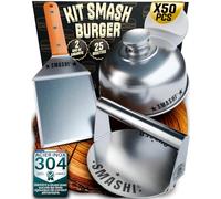 SMASHI® Smash Burger Kit avec Ustensiles Professionnels en Acier Inoxydable 304 certifié Contact Alimentaire UE | Presse Smash Burger Anti-adhésive avec Spatules à Manche en Bois (Expert)