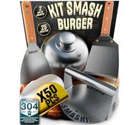 SMASHI® Smash Burger Kit avec Ustensiles Professionnels en Acier Inoxydable 304 certifié Contact Alimentaire UE | Presse Smash Burger Anti-adhésive avec Spatules à Manche en Bois (Classique)