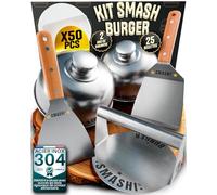 SMASHI® Smash Burger Kit avec Ustensiles Professionnels en Acier Inoxydable 304 certifié Contact Alimentaire UE | Presse Smash Burger Anti-adhésive avec Spatules à Manche en Bois (Professionnel)