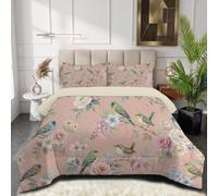 SMBHIAON Couette 140x200cm 4 Saisons, Mésanges Pivoines Roses Blanches Imprimée Motifs Floraux d'oiseaux 1 Personnes Réversible sans Housse (Rose Clair)