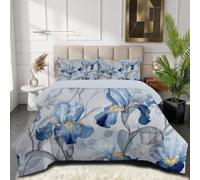 SMBHIAON Couette 140x200cm Iris Bleu Clair Branches Feuilles Couette Réversible 4 Saisons,Fleur Lavée À L'Encre Indigo Edredon Legere, Edredon sans Houss Douce Microfibre avec Taies d'oreiller