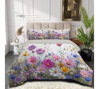 SMBHIAON Couette 140x200cm Violet Couette 4 Saisons en Microfibre 1 Personne avec Cosmos Rose Orange Fleurs Sauvages Pastorales Françaises Couettes sans Housse, Lavable Machine et Taie d'oreiller