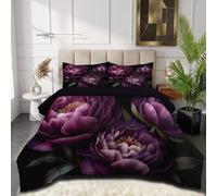 SMBHIAON Couette 200x200cm 4 Saisons, Pivoine Pourpre Imprimée Motifs Floraux Sombres Luxueux 2 Personnes Réversible sans Housse (Raisin Violet)