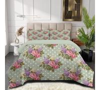 SMBHIAON Couette 200x200cm Pois. Roses Rouges Couette Réversible 4 Saisons,Rétro Français Vert Clair Edredon Legere, Edredon sans Houss Douce Microfibre avec Taies d'oreiller