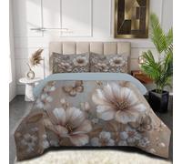 SMBHIAON Couette Fleurs Rétro 140x200cm,Fleurs d'hibiscus Papillons À Rayures Brunes Réversible Linge de Lit - Chaude Édredon Super Doux pour 4 Saisons - 1 Taies d'oreiller 80x80 cm - Brun