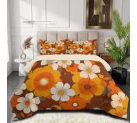 SMBHIAON Couette Fleurs Rétro-Chic 200x200cm,Fleur Orange Et Blanche À Cinq Pétales Réversible Linge de Lit - Chaude Édredon Super Doux pour 4 Saisons - 2 Taies d'oreiller 80x80 cm - Orange