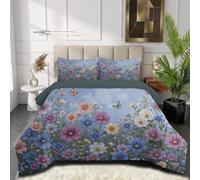 SMBHIAON Couette Imprimée 140x200cm Fleurs Sauvages À La Campagne Réversible - Cosmos Marguerites Papillons Édredon Super Doux pour 4 Saisons - 1 Taies d'oreiller 65x65 cm - Bleu Clair