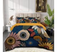 SMBHIAON Couette Imprimée 260x230cm Fleurs Style Bohème Réversible - Tournesol Motifs Géométriques Édredon Super Doux pour 4 Saisons - 2 Taies d'oreiller 65x65 cm - Bleu Marine