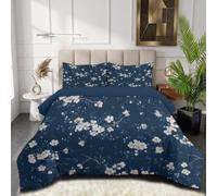 SMBHIAON Couette Imprimée 260x230cm Jardin Rétro Réversible - Fleurs Prunier Blanches dans Peinture À L'Encre Édredon Super Doux pour 4 Saisons - 2 Taies d'oreiller 65x65 cm - Bleu Marine