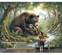 SMBHIAON Papier Peint Animaux De La Forêt Panoramique 3D Illustration D'Une Mère Ours Brun Son Petit Papier Peint Vert Olive Murale Salon Chambre À Coucher Maison Décoration Intérieure (200×140 Cm)