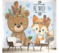 SMBHIAON Papier Peint Panoramique 3D Soie Style Bohème,450×315 CM Murales Panoramique Ours Brun Renard Coiffe Plumes Pour Salon, Chambre D'Enfants, Restaurant Décoration,Brun