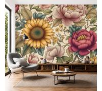 SMBHIAON Papier Peint Panoramique Motifs De Pivoines Et De Tournesols 350×256 cm - Papier Peint Soie Style Pastoral Rural - Poster Geant Mural 3D - Décoration Murale pour Salon restaurant, Vert Olive