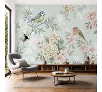 SMBHIAON Papier Peint Soie Fleurs Et Oiseaux Pastoraux,Papier Peint Panoramique Hortensia Vert Clair Mésange, Vert Olive Pour Salon Chambre Bureau Couloir, Décoration Murale, 350×256 Cm