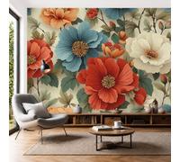 SMBHIAON Papier Peint Soie Fleurs Rétro,Papier Peint Panoramique Pivoines Rouges Feuilles Vert Olive, Orange pour Salon Chambre Bureau Couloir, Décoration Murale, 200×140 cm