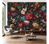 SMBHIAON Papier Peint Soie Jardin Campagne,Papier Peint Panoramique Pivoine Feuilles Vert Olive, Bordeaux pour Salon Chambre Bureau Couloir, Décoration Murale, 300×210 cm