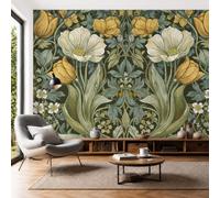 SMBHIAON Papier Peint Soie Panoramique Fleurs Vintage Anglaises, 250×175 Cm, Tulipes Feuilles Vert Olive Mural Personnalisé, Jaune, Pour Salon Chambre Restaurant Décoration Murale