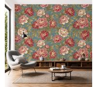 SMBHIAON Papier Peint Soie Panoramique Style Campagnard, 400×280 Cm, Pivoine Rouge Et Blanche Mural Personnalisé, Vert Olive, Pour Salon Chambre Restaurant Décoration Murale