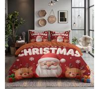 SMBHIAON Parure De Lit Père Noël Rennes Texte Microfibre À Noël en Dessin Animé, 1 X Housse De Couette 200X200Cm 2 Personnes Et 2 X Taies d'oreiller 65X65 Cm avec Fermeture Eclair, Rouge