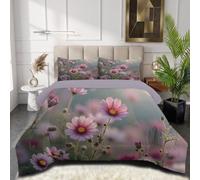 SMBHIAON Plantes Prairies Fleurs Couette 140x200cm,Rose Couette Couverture Respirante et Super Douce pour 4 Saisons avec 1 Taies d'oreiller,Cosmos Rose Et Violet