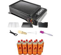 SMH LINE Barbecue à gaz de camping 2 en 1 avec 16 cartouches de gaz de 227 g - Barbecue de balcon - Réchaud de table - Mallette portable - Barbecue à gaz avec accessoires - Grille de barbecue - Clip