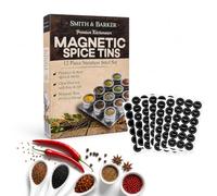 Smith & Barker - 12 boîtes à épices magnétiques - Acier inoxydable, couvercle transparent, tamis et verseur - Support réfrigérateur, 120 étiquettes