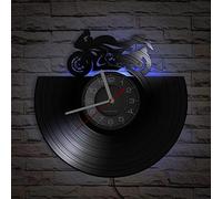 Smotly Horloge murale en vinyle, horloge analogique en forme de moto de course, avec veilleuse LED, décoration murale, cadeau
