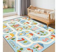 SMXVRC Tapis de Jeu Chiffres et Alphabet Enfants, 60x110cm, Tapis éducatif Interactif Bleu Pastel Motif Ville pour Chambre d'enfant, Antidérapant, Lavable et Résistant Aux Taches pour Canapé