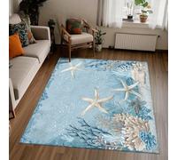 SMXVRC Tapis de Salon Côtier Étoiles de Mer, 140x200cm, Tapis Chambre Nautique Algues Bleues, Réduire Le Bruit Soft Respirant Black Surjeté Bordure pour Sol Chevet Intérieur