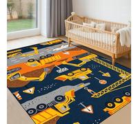 SMXVRC Tapis Pelleteuse pour Enfants, 70x140cm, Tapis Imprimé Bleu Marine avec Excavatrice et Grue de Chantier, Souple, Pliable et sans Plis pour Chambre de Garçon, Décoration Intérieure
