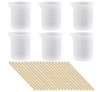 SNAGAROG 6 Pcs Verres Doseurs en Silicone + 20 Pcs Bâtons en Bois Verre Mesureur Antiadhésif Tasses à Mesurer Gradué Tasse de Mélange 100 ml Gobelet Doseur Mini pour Moule Coulée Résine Epoxy Cocktail