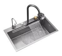 SnamicE Évier à siphon cascade en acier inoxydable gris avec robinet simple de grande capacité pour usage domestique, cuisine, lave-vaisselle, lavabo de comptoir, gris