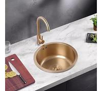SnamicE Évier de cuisine rond doré à cuve unique avec robinet, évier de comptoir en acier inoxydable avec accessoires, doré, 32 cm