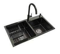 SnamicE Éviers de cuisine avec robinet noir Uble Bowl Bar Évier de cuisine en acier inoxydable Installation sous comptoir/au-dessus du comptoir, noir, 75 x 41 cm,