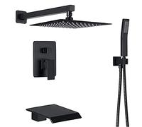 SnamicE Système de Douche à Trois Fonctions : pommeau de Douche Effet Pluie de 25 cm, Robinet mitigeur encastré Noir carré avec Bec de Baignoire Cascade, Noir - 20 cm,Black-8 in