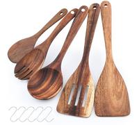 SneiDr Set d'ustensiles de cuisine en bois d'Acacia 5 pcs Lot de Cuillères en Bois avec Spatule Louche Cuillère à Riz Ustensiles à Salade Compatible Antiadhésif inclus 5 Crochets pour Cuisine Maison