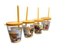 SNIPS, ensemble de 4 tasses avec bouchon et paille, 385 ml, décor de coiffeur et de pâtisserie, ensemble de 4 gobelets en plastique, avec bouchon réutilisable et paille, Mustard