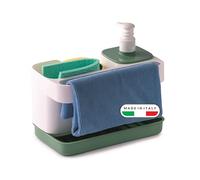 Snips Riordinello Organisateur Évier 3 en 1, Distributeur Savon Cuisine 400 ML avec Porte-Éponge et Support Gants, Plateau Récupération Eau, 21 x 12 x 18 cm, Blanc Vert, Made in Italy