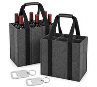 Snorcom Lot de 2 porte-bouteilles avec tire-bouchon, sac réutilisable en feutre pour 6 bouteilles, sac à vin pliable pour pique-nique et camping