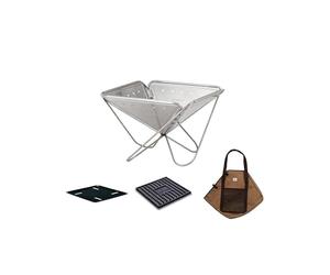 Snow Peak Kit de démarrage de cheminée de taille moyenne 4 pièces pour camping et extérieur comprenant une cheminée pliable, une plaque de base de protection du sol, un lit de charbon de cuisine et un