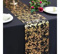 Snowkingdom Lot de 2 chemins de Table Noirs et dorés de 274,3 cm x 2 en Feuille métallique dorée Scintillante pour Mariage, Noël, Thanksgiving, Anniversaire de Mariage, fête d'anniversaire, Noir et