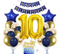 SNOWZAN Ballon décoratif pour 10e anniversaire garçon et fille - Décoration de 10e anniversaire garçon bleu marine doré - Décoration de gâteau 10e anniversaire - Ballons gonflables - Bannière Happy