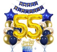 SNOWZAN Décorations d'anniversaire 55 ans - Bleu doré - Décoration pour homme - 55 ans - Ballons gonflables - Guirlande de ballons - 55 ans - Décoration de gâteau