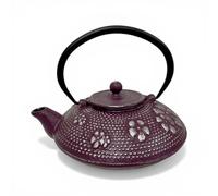 SO SKIN IDASY - Théière en fonte japonaise 900 ml, prune profonde patinée aux reflets argentés, motif pétales relief, filtre inox amovible, intérieur émaillé, design élégant, idée cadeau maison