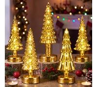 Soaoo Lot de 5 sapins de Noël en verre mercure doré | Figurines de sapin de Noël en verre avec base robuste, alimentées par piles, décoration de table vintage pour cheminée