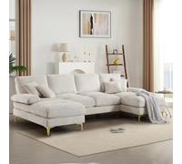SoarFlash Canapé Sectional en Chenille 4 Places en Forme de U, Fonction de Repos Double, Cadre en Bois Solide & Pattes en Métal Doré, Beige