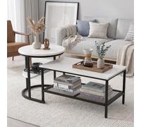 SOARS Table Gigogne Salon à Plateau Faux Marbre 2 Niveaux (Blanc+Noir) | Table Basse Séparée Ronde&Rectangulaire avec Étagères Demi-Cercle&Grillagée, Salon Bureau Balcon, Charge 260KG