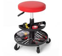 SOARS Tabouret d'Atelier Mobile à 4 roulettes, 38 X 38 X 42-56 CM, Rouge | Siège de Mécanicien avec Hauteur Réglable Assise Rembourrée et Double Rangement pour Outils, Charge 120 KG, Pivotant 360°