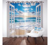 Sobhdga Rideau Plage Marin Bord de Mer Rideau Occultant Thermique Isolant Anti Froid, Rideaux Plage Thème de l'océan Draperies Interieurs a Oeillets pour Chambre, 140l X 240h, Lot de 2